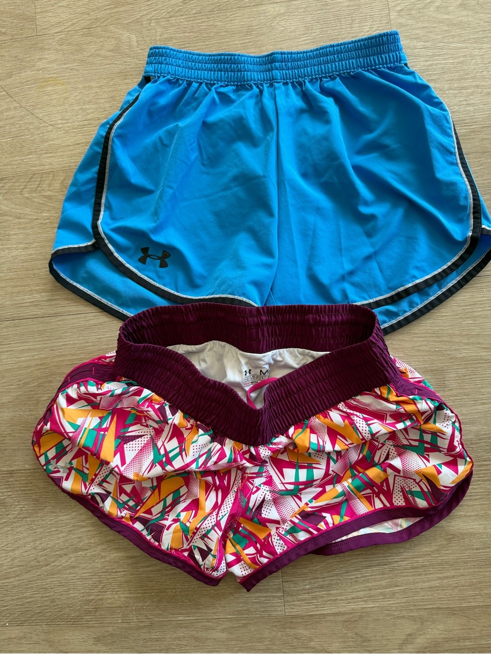 Under Armour Blue Athletic Shorts + Multicolor Patterned Running Shorts Set